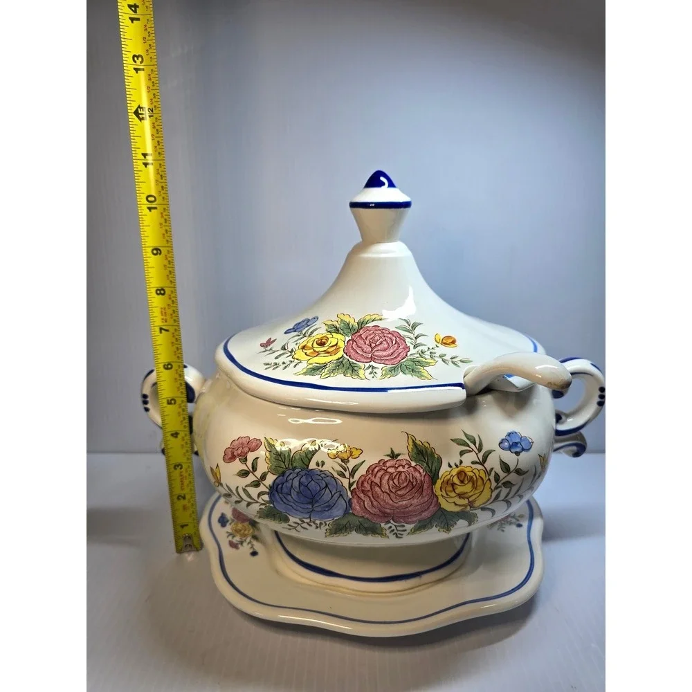 Vintage Ceramic Soup Tureen with Ladle‎ and Underplate Floral Design Blue Trim